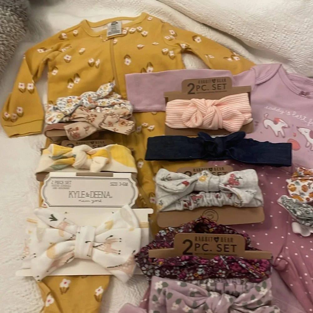 NEW Baby Bundle - (11) headbands and (2) onesies and (1) bear lovey